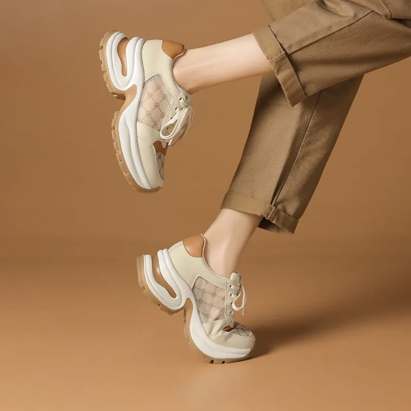 Rosa Bianca Breathable Height Increasing Low-Top Chunky Sneakers Women's Light Coffee-7