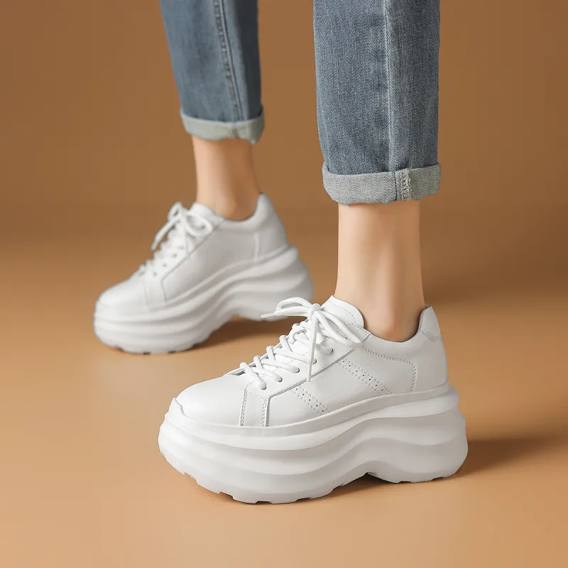 Rosa Bianca Breathable Lightweight Height Increasing Warm Low Top Chunky Sneakers Women's White-2