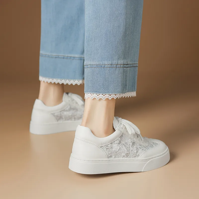 Rosa Bianca Breathable Height Increase Low Top Skateboard Shoes Women's White-6