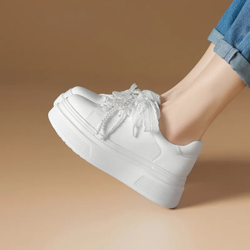 Rosa Bianca Lightweight Height Increasing Low Top Skateboard Shoes Women's White-3