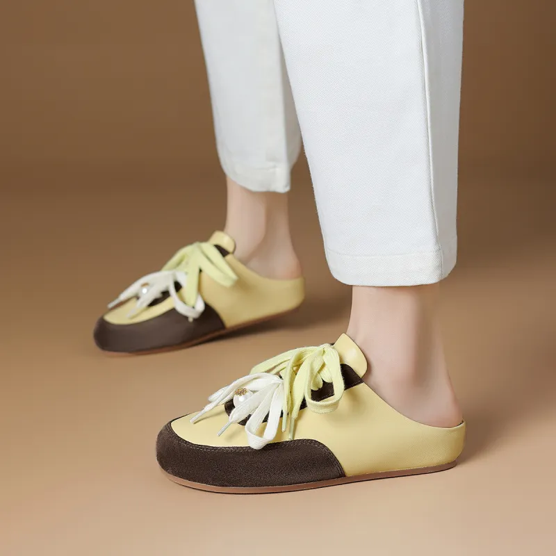 Rosa Bianca Rubber Sole Leather Patchwork Abrasion Resistant Closed Toe Slippers Women's-8