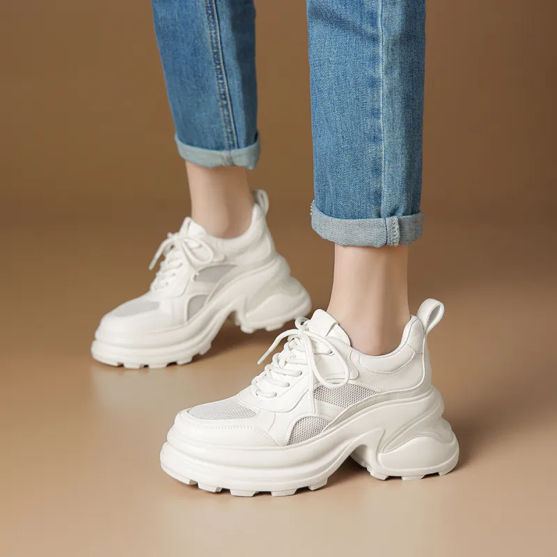 Rosa Bianca Breathable Lightweight Height Increasing Chunky Sneakers Women's White-1