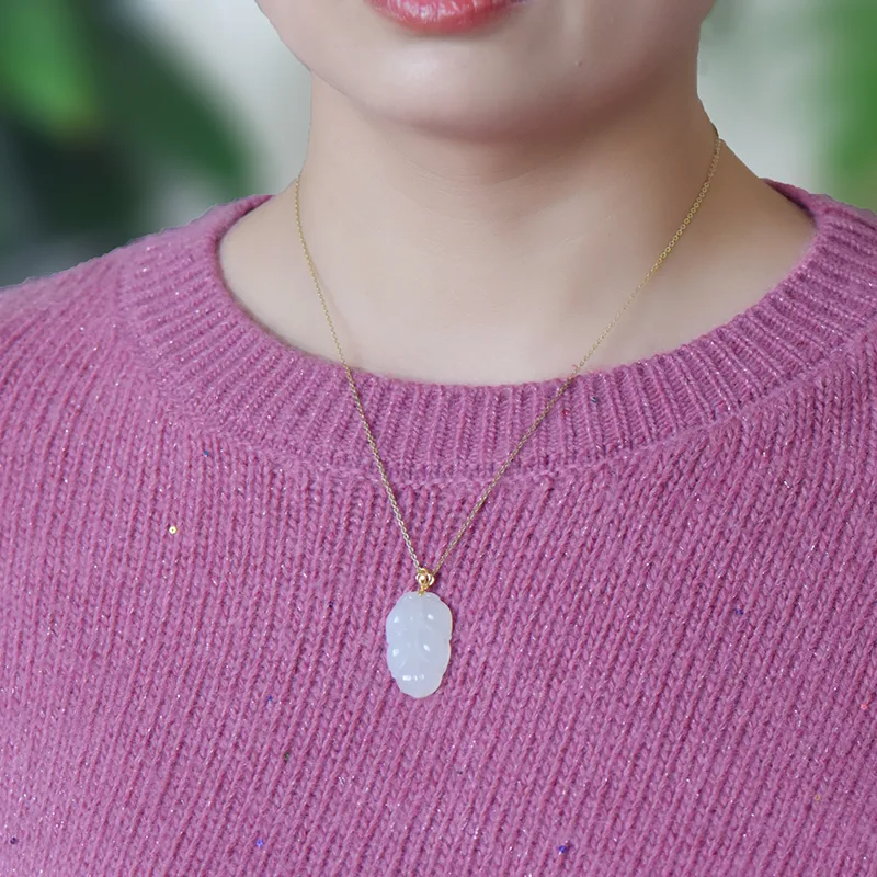 KUNYUYAO 18K Gold Inlaid Leaf Pendant Jade Pendant White Jade Unisex-17