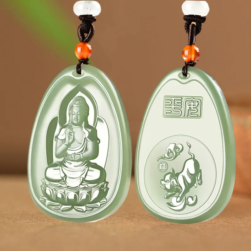 KUNYUYAO Chinese Zodiac Guardian Deity Guardian Buddha Guanyin Pendant Jade Pendant Pale Greenish White Jade Unisex-80
