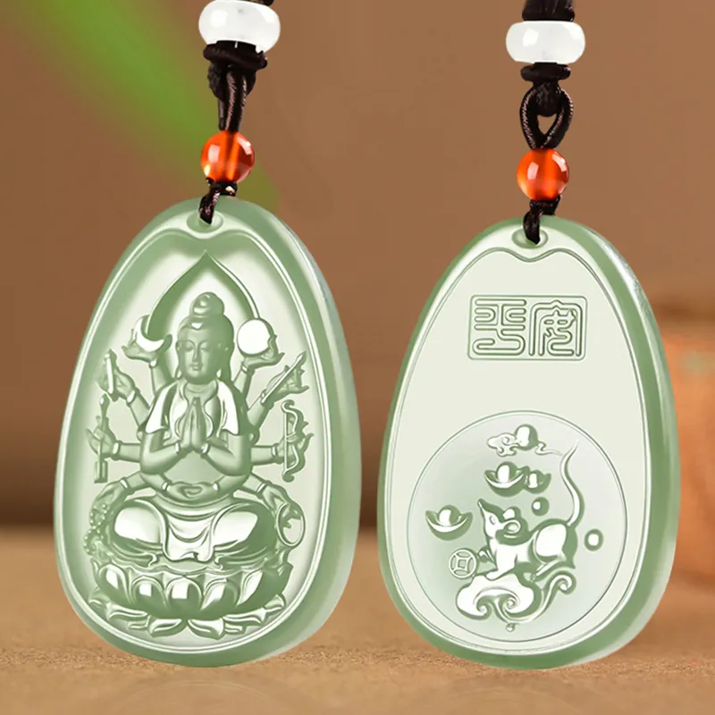 KUNYUYAO Chinese Zodiac Guardian Deity Guardian Buddha Guanyin Pendant Jade Pendant Pale Greenish White Jade Unisex-2