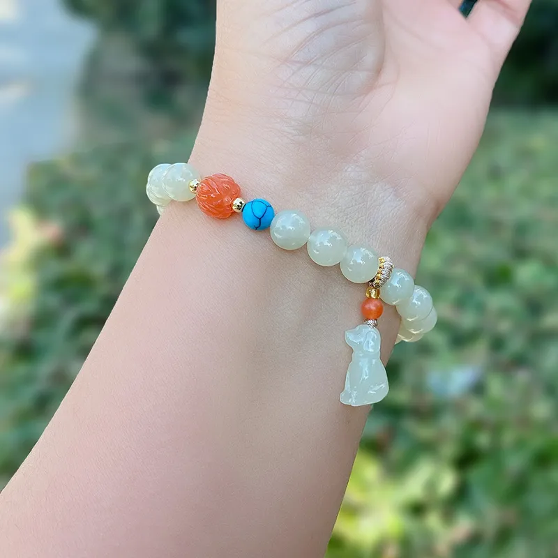 KUNYUYAO Chinese Zodiac Zodiac Year Bead Chain Beaded Bracelet White Jade Unisex-49