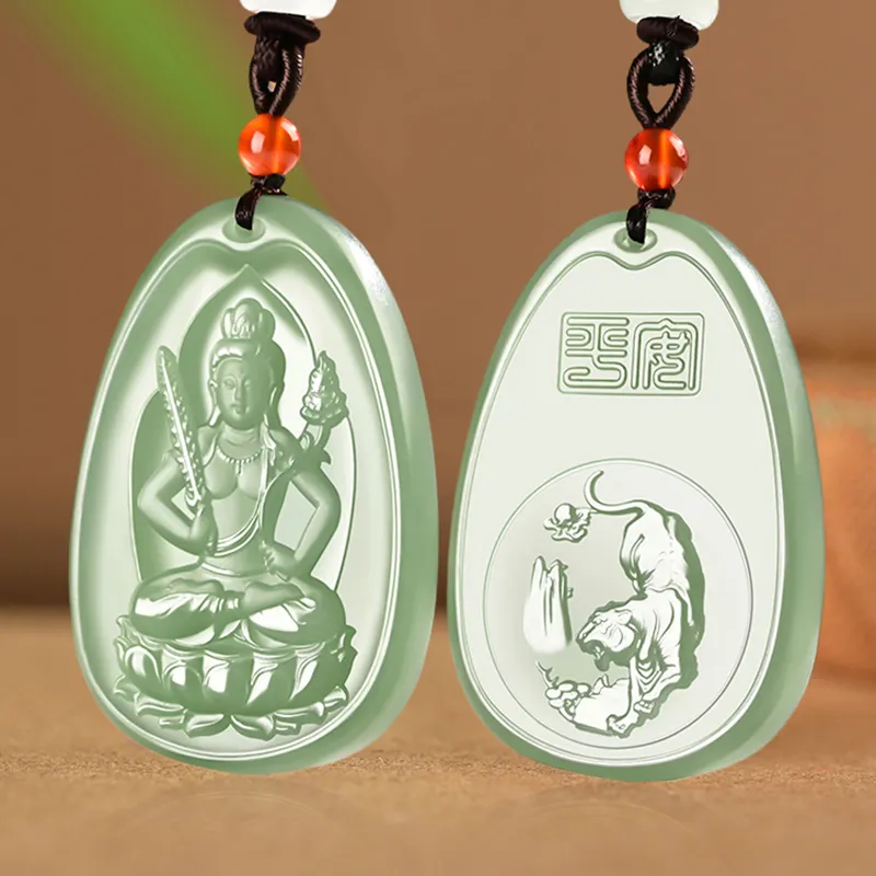 KUNYUYAO Chinese Zodiac Guardian Deity Guardian Buddha Guanyin Pendant Jade Pendant Pale Greenish White Jade Unisex-16