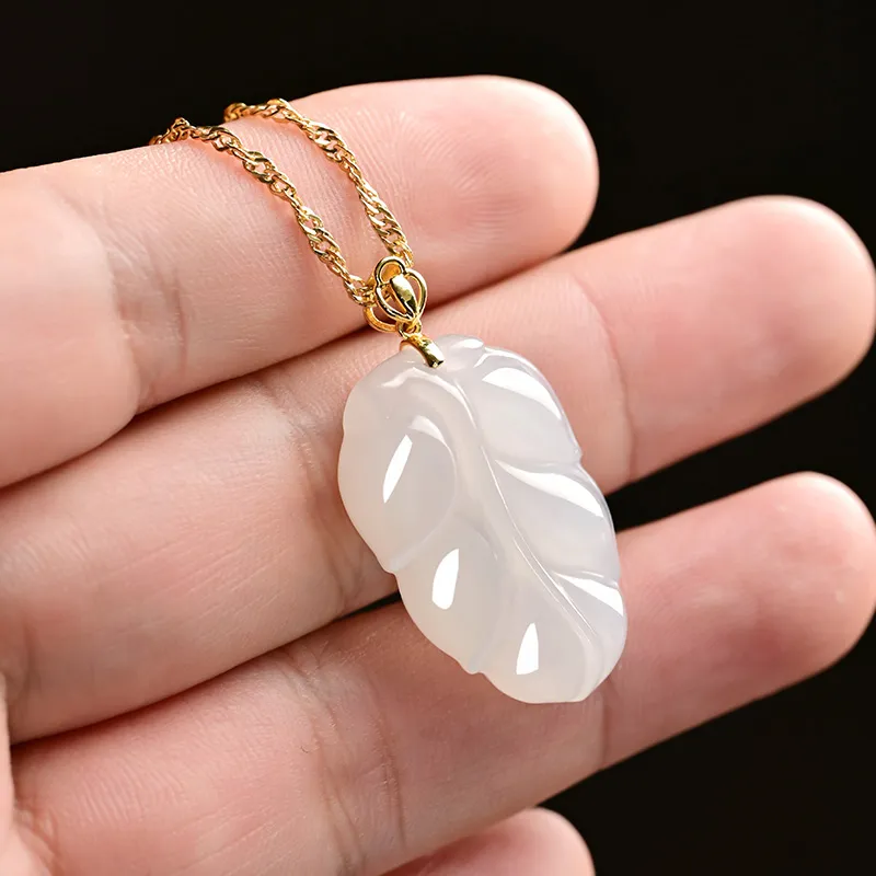 KUNYUYAO 18K Gold Inlaid Leaf Pendant Jade Pendant White Jade Unisex-16