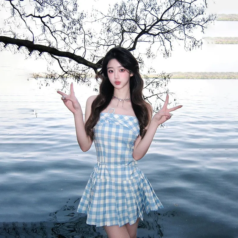 SISC Slip Dresses Women's Blue White Plaid-4
