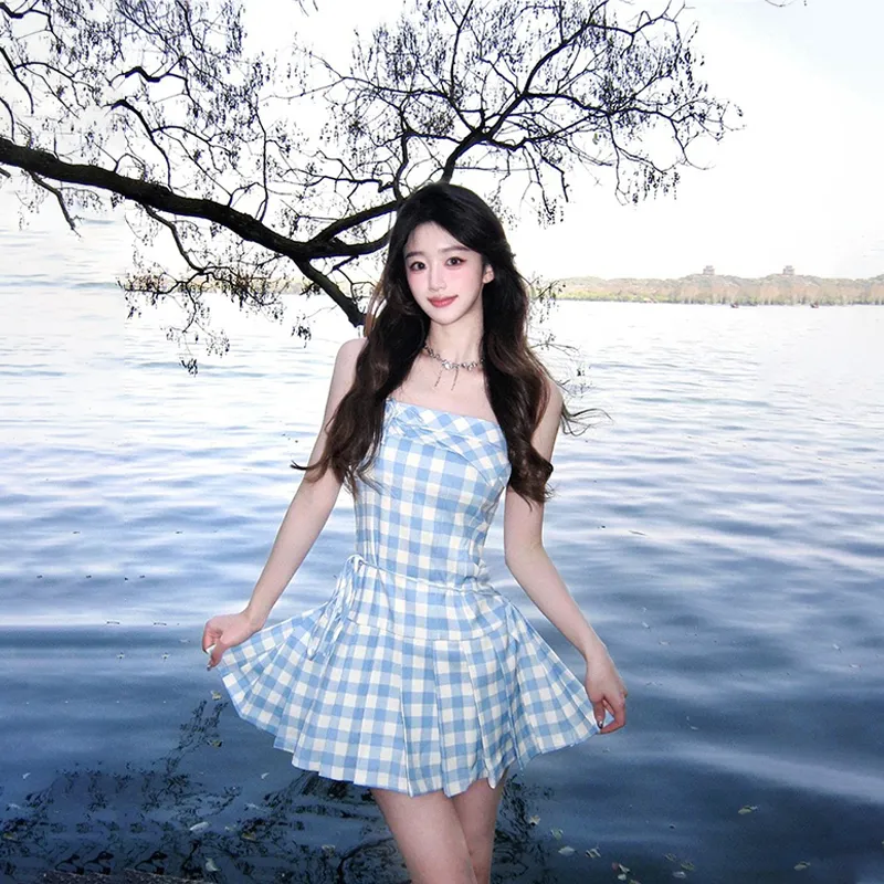SISC Slip Dresses Women's Blue White Plaid-1