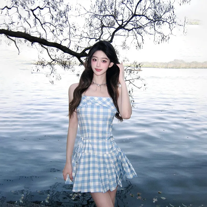 SISC Slip Dresses Women's Blue White Plaid-2