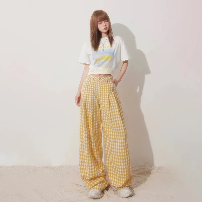 SISC Casual Pants Women's Yellow Plaid-3