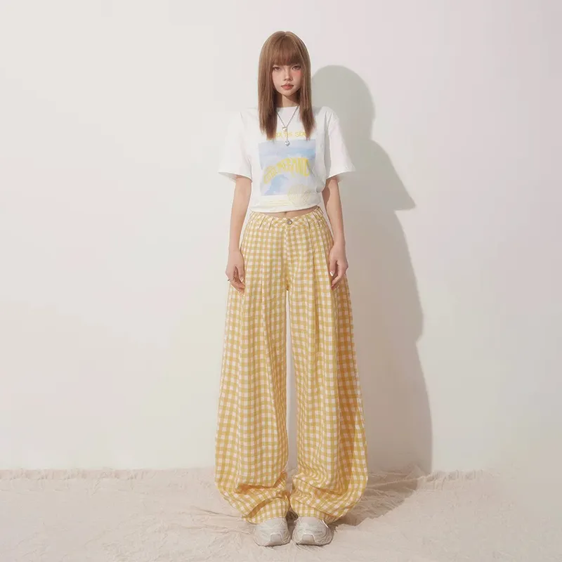 SISC Casual Pants Women's Yellow Plaid-2