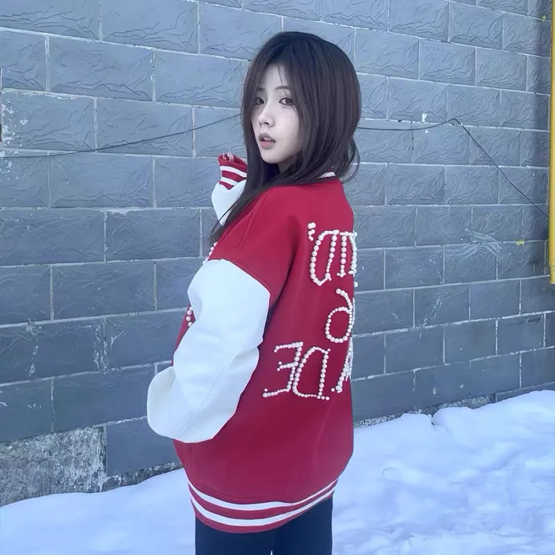 Vine Color Baseball Jacket Unisex Red-4