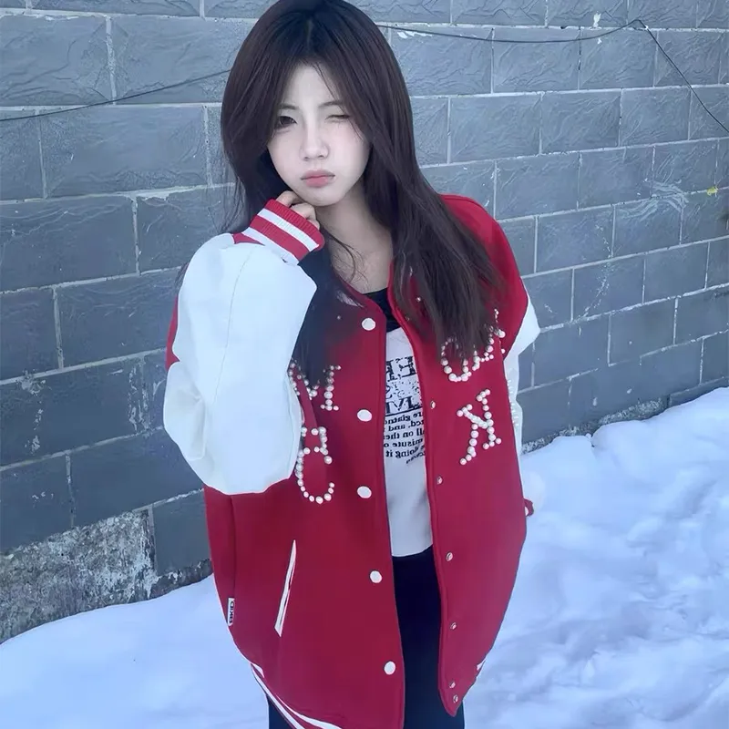 Vine Color Baseball Jacket Unisex Red-2