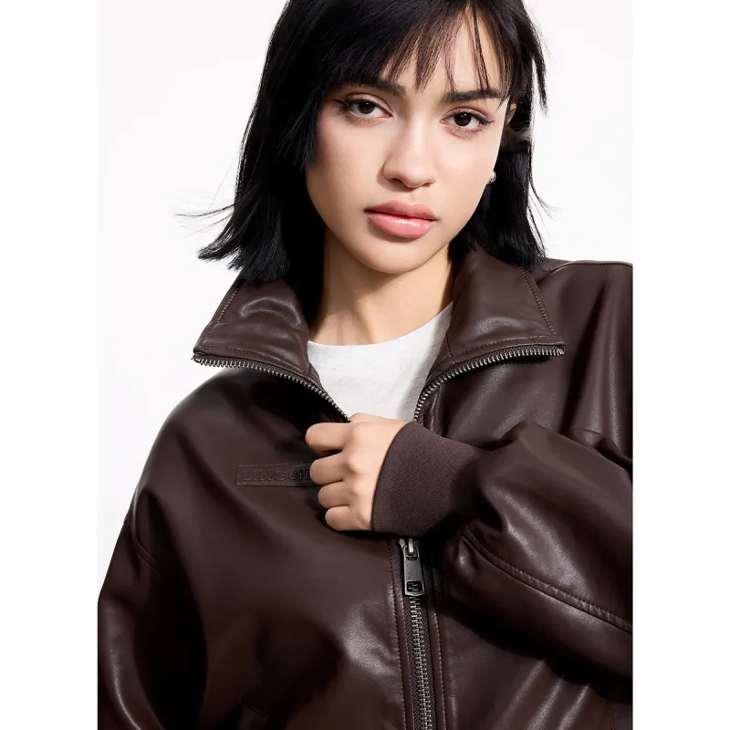 LINCchic Leather Jacket Women's Luxury Streetwear Dark Brown-6