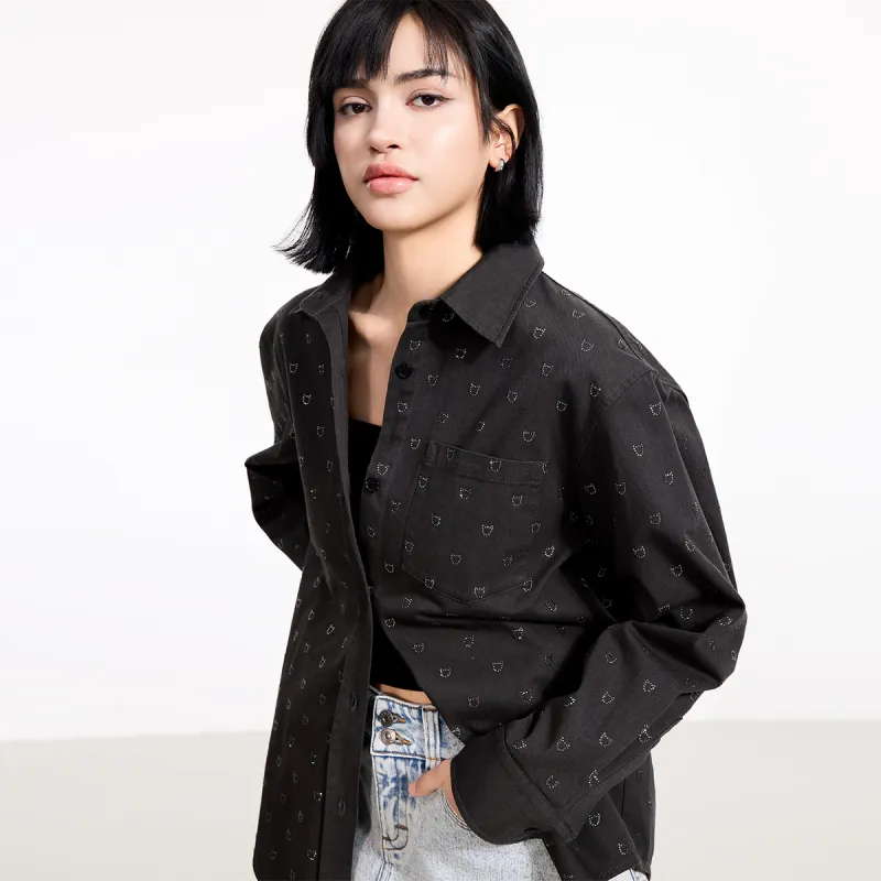 LINCchic Shirt Women's Denim Gray Embossed Diamonds-5