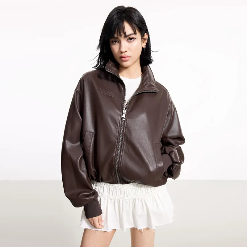 LINCchic Leather Jacket Women's Luxury Streetwear Dark Brown-5