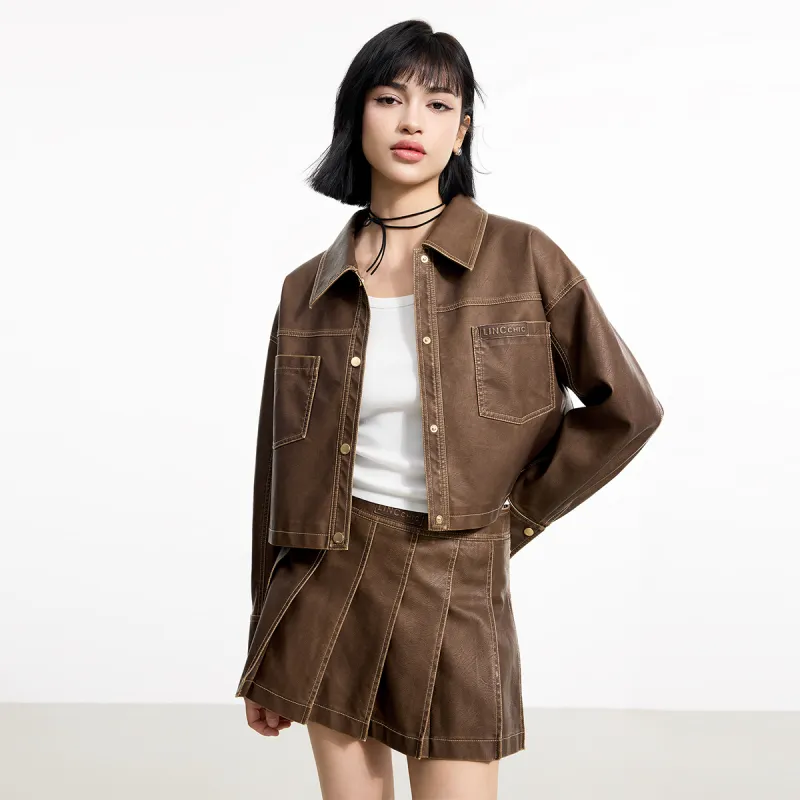 LINCchic Leather Jacket Women's Washed Dark Brown-3