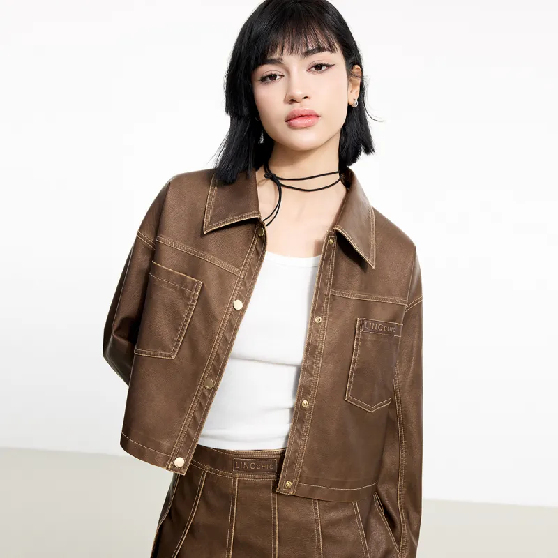 LINCchic Leather Jacket Women's Washed Dark Brown-6