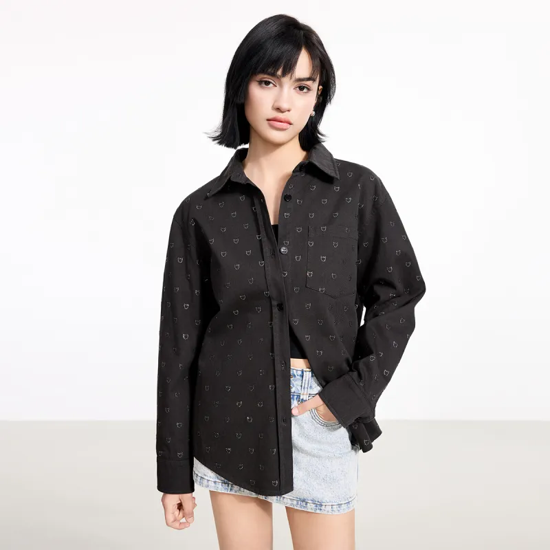 LINCchic Shirt Women's Denim Gray Embossed Diamonds-3