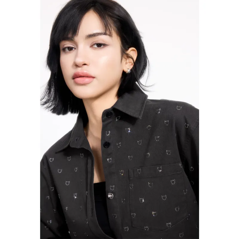 LINCchic Shirt Women's Denim Gray Embossed Diamonds-6