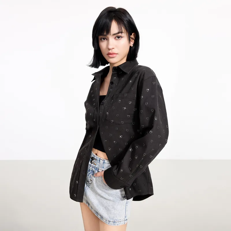 LINCchic Shirt Women's Denim Gray Embossed Diamonds-2