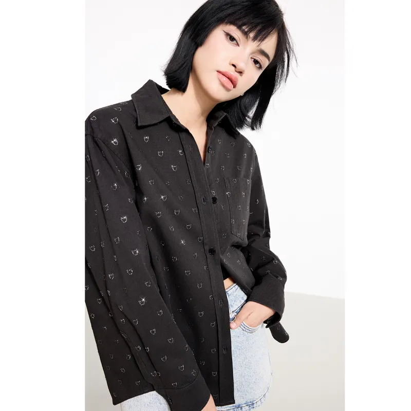 LINCchic Shirt Women's Denim Gray Embossed Diamonds-4