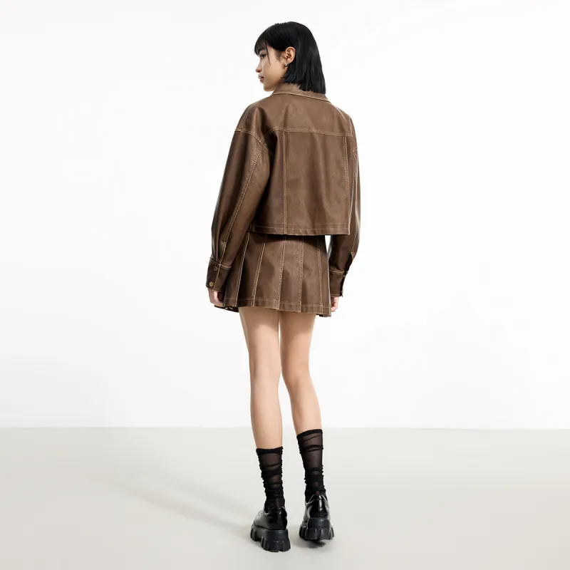 LINCchic Leather Jacket Women's Washed Dark Brown-5