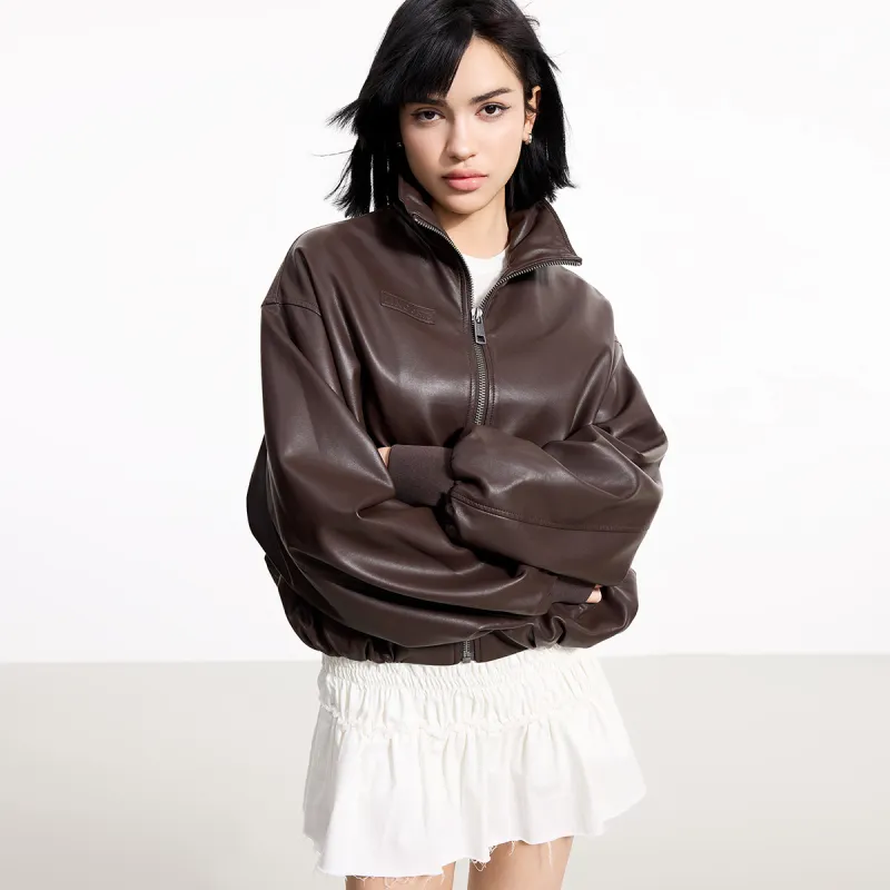 LINCchic Leather Jacket Women's Luxury Streetwear Dark Brown-2