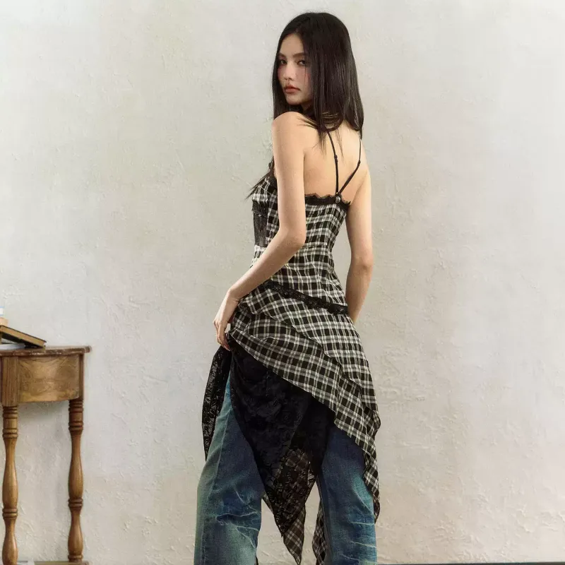 YGPRW Slip Dress Women's Black White Plaid-4