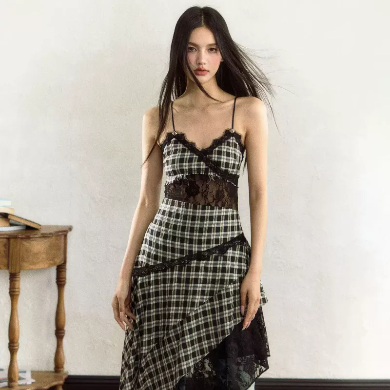 YGPRW Slip Dress Women's Black White Plaid-3