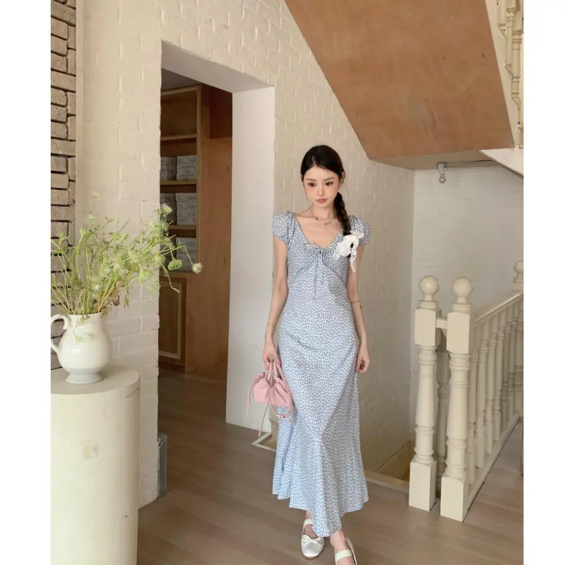 YGPRW Short Sleeved Dress Women's Light Blue-4
