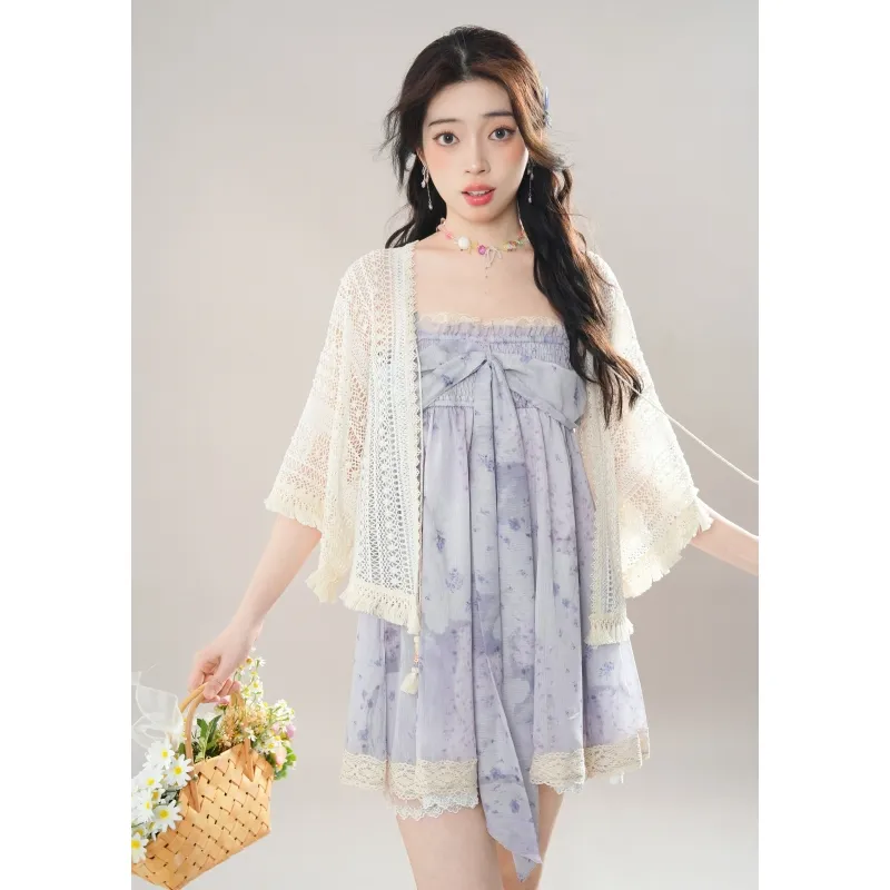 YGPRW Skirt Set Women's White Shawl Floral Short Skirt-4