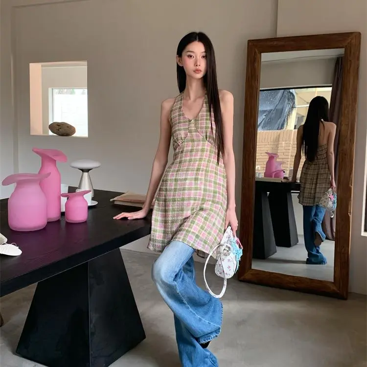 YGPRW Sleeveless Dress Women's Pink Plaid-4
