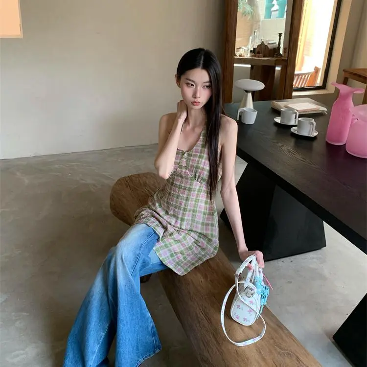 YGPRW Sleeveless Dress Women's Pink Plaid-5