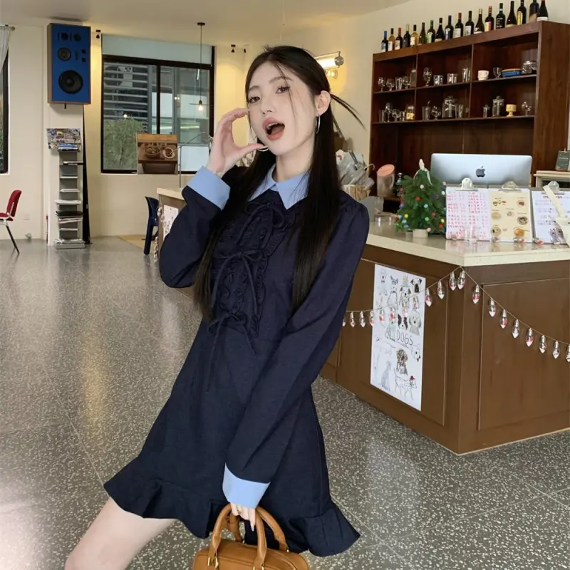 YGPRW Long Sleeved Dress Women's Navy Blue-5