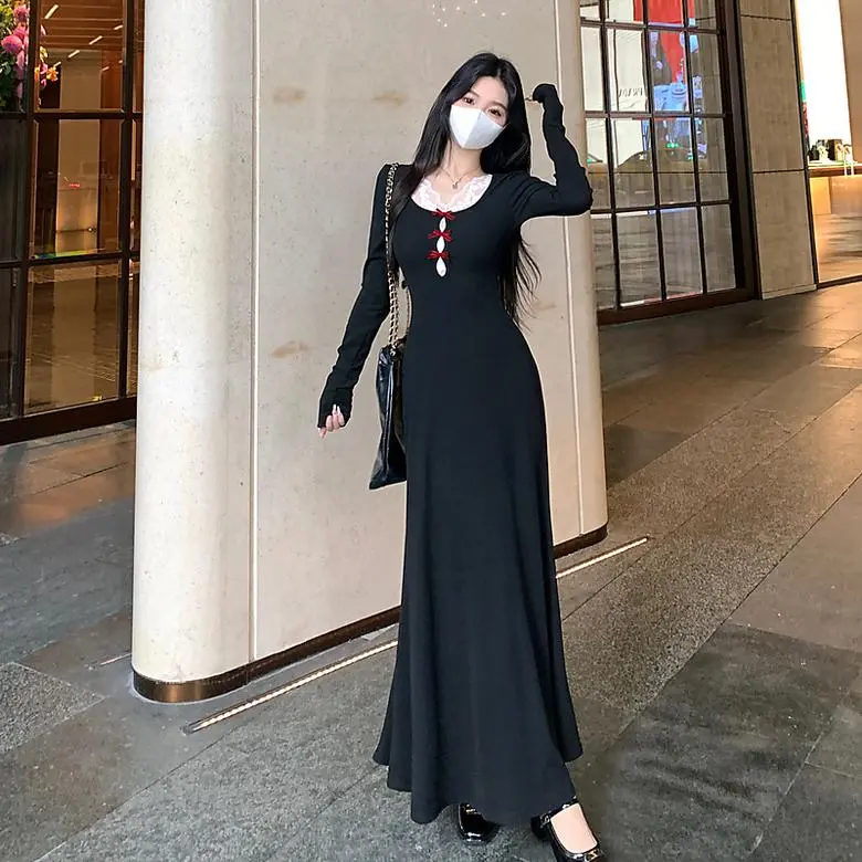 YGPRW Long Sleeved Dress Women's Black-2