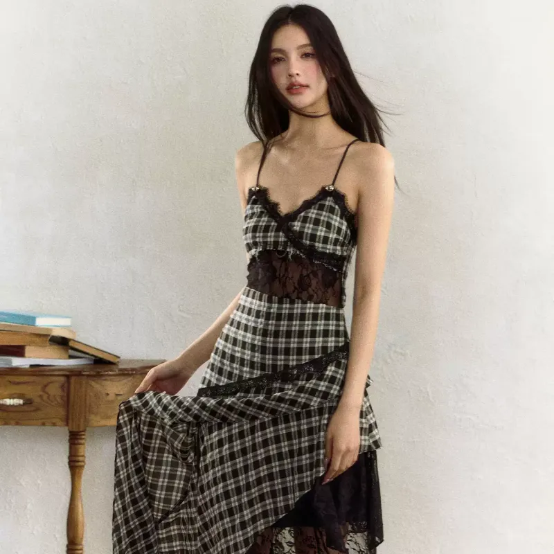 YGPRW Slip Dress Women's Black White Plaid-2