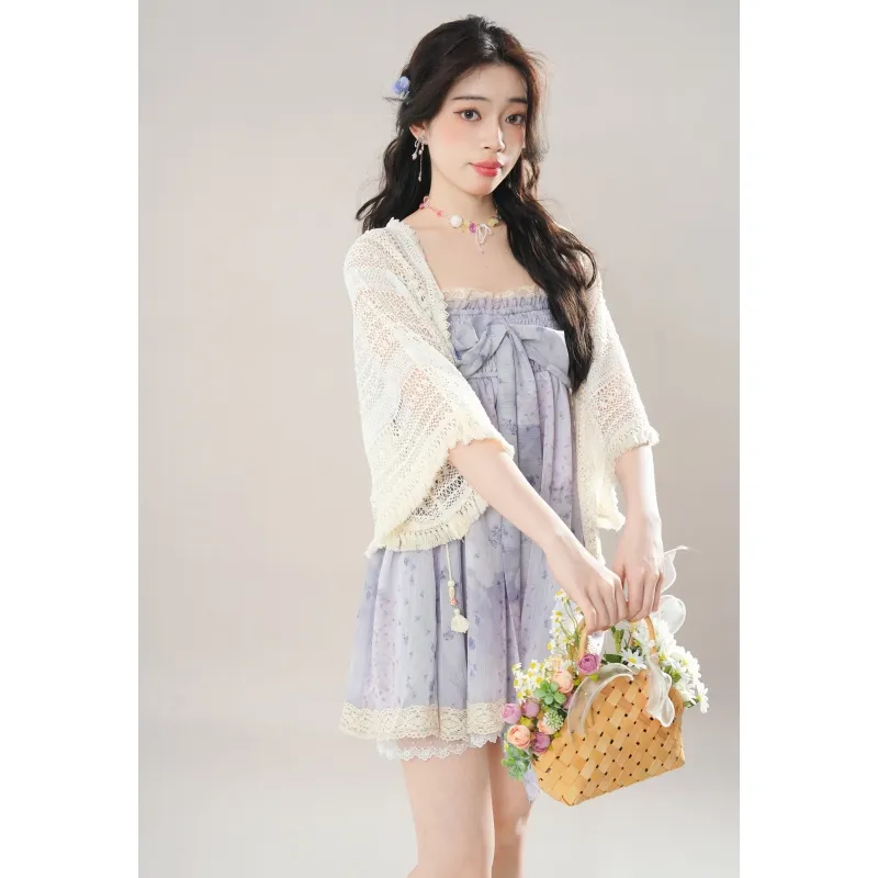 YGPRW Skirt Set Women's White Shawl Floral Short Skirt-2