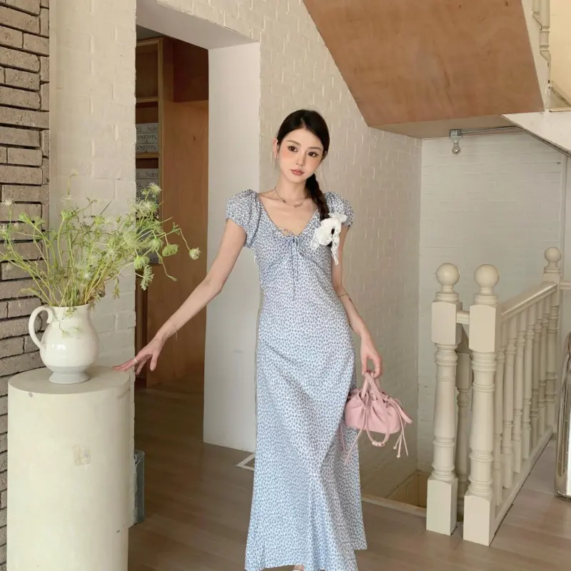 YGPRW Short Sleeved Dress Women's Light Blue-6