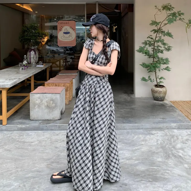 YGPRW Sleeveless Dress Women's Black White Plaid-3