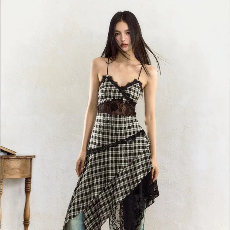 YGPRW Slip Dress Women's Black White Plaid-5
