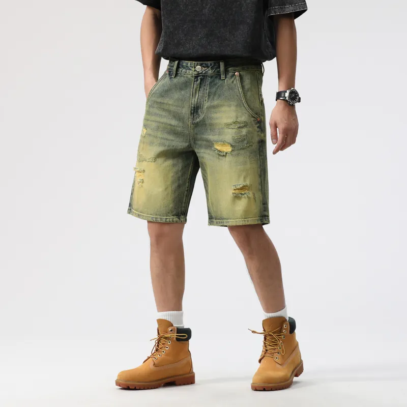 FAIRWHALE Denim Shorts Unisex Green Yellow-4