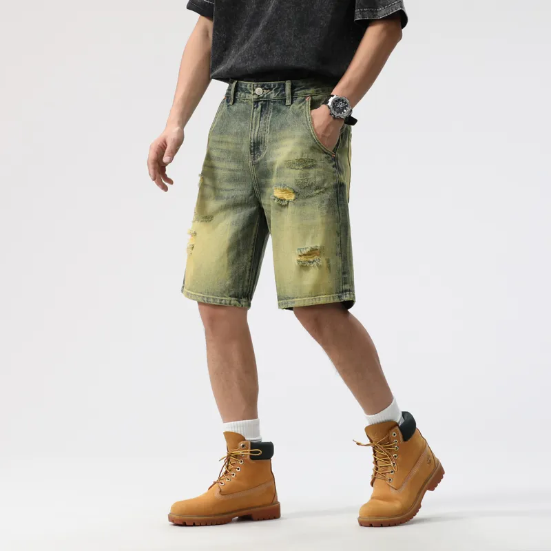 FAIRWHALE Denim Shorts Unisex Green Yellow-6