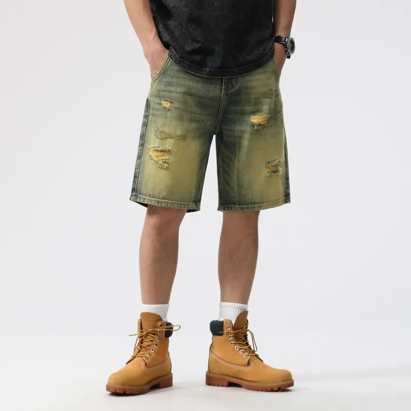 FAIRWHALE Denim Shorts Unisex Green Yellow-2