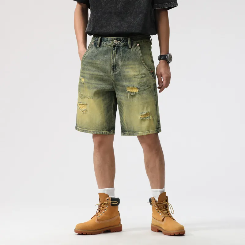 FAIRWHALE Denim Shorts Unisex Green Yellow-5