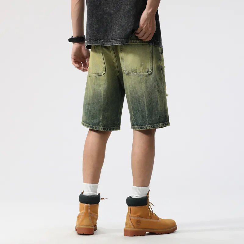FAIRWHALE Denim Shorts Unisex Green Yellow-3