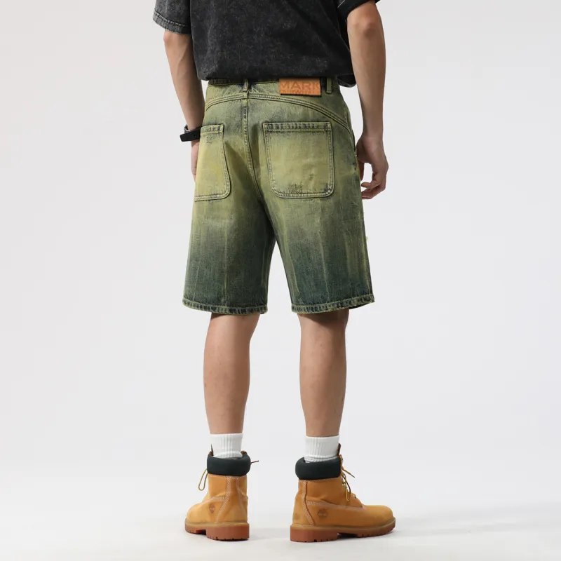FAIRWHALE Denim Shorts Unisex Green Yellow-7