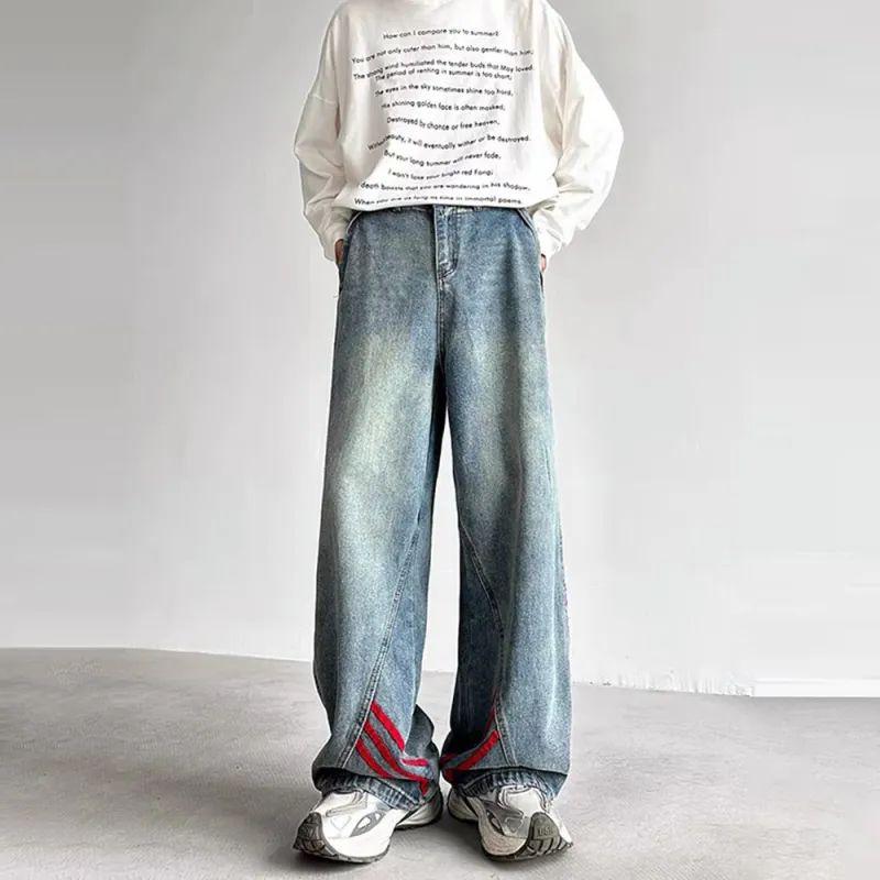 IJRJ Jeans Unisex Red Stripes Patchwork Blue-3
